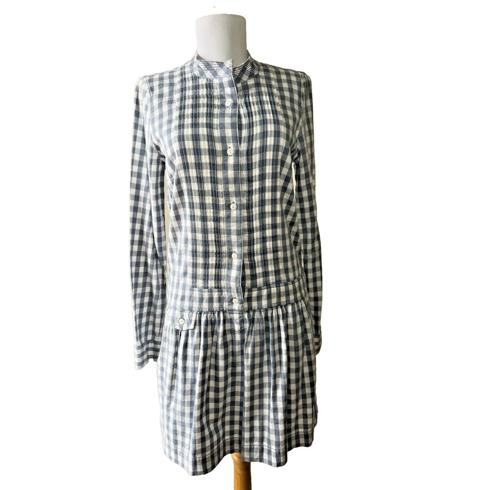 J.CREW Gingham Check Shirt Dress Blue White 100% Cotton Long Sleeve Size 2